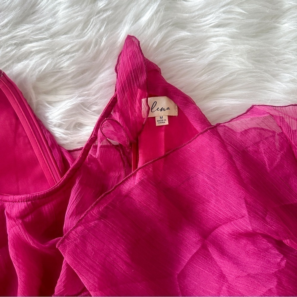 Women’s Sleeveless Asymmetrical Tiered Pink Midi Dress Size Medium - Picture 7 of 7